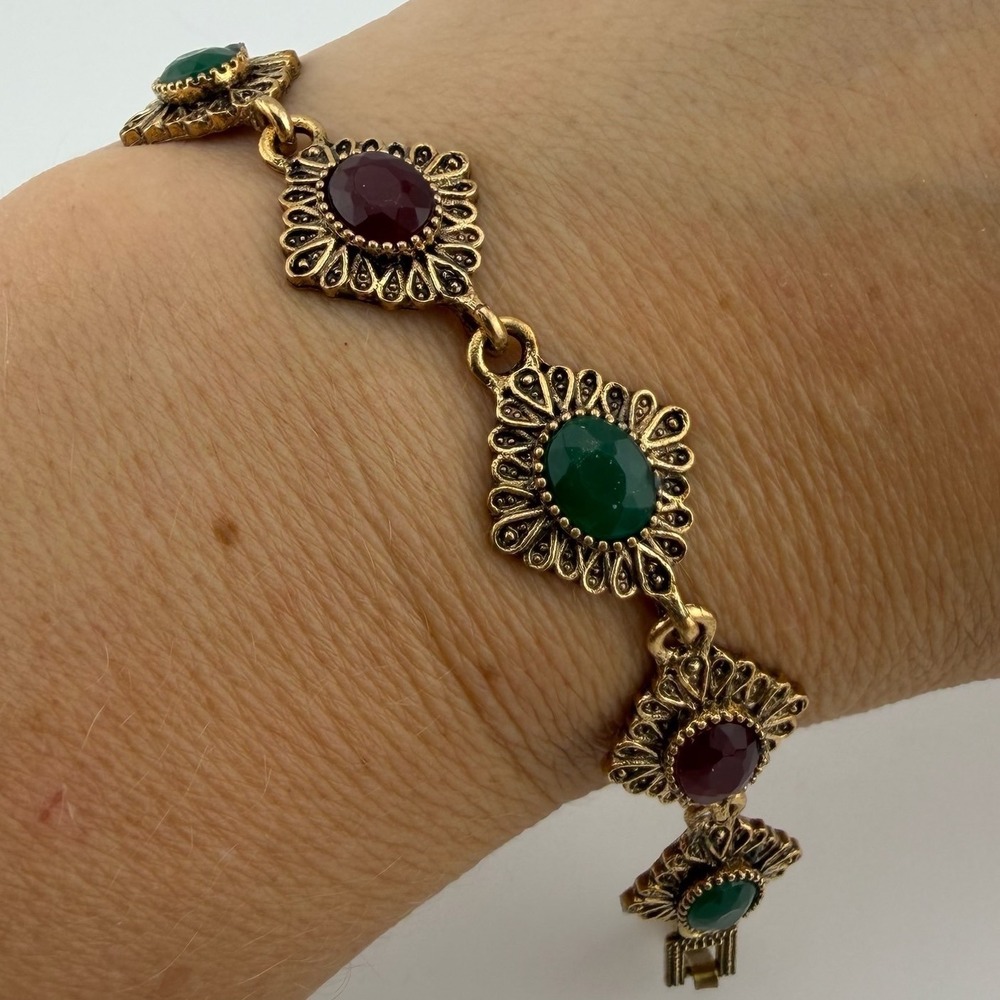 Vintage Gold Tone Filigree Link Bracelet Red Green Faux Gemstone Victorian Style